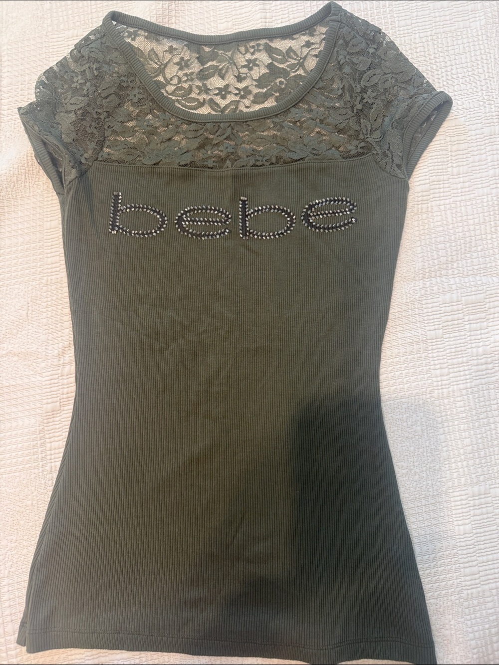 bebe Olive Green Lace Yoke Ribbed Short Sleeve Tee with Rhinestone Logo